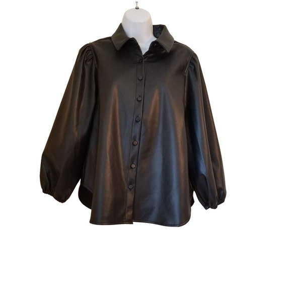 BCBGeneration S Black Faux Vegan Leather Top Blouse Button Front - Picture 3 of 12